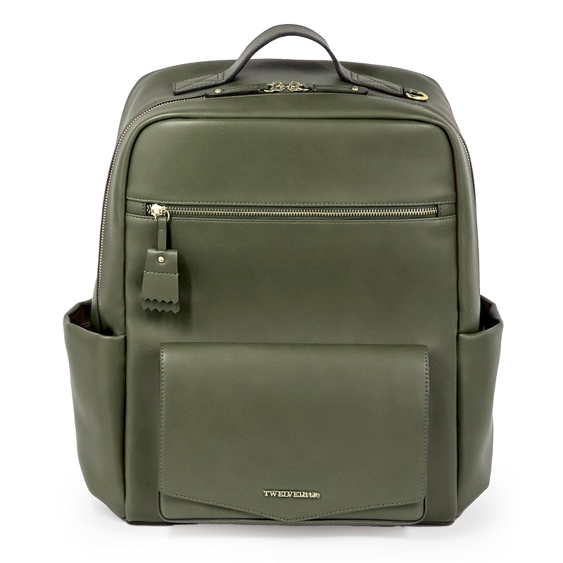 Peek-A-Boo Vegan Leather Diaper Bag Backpack in Olive