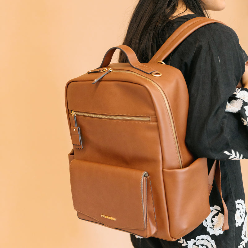 Peek-A-Boo Vegan Leather Diaper Bag Backpack in Toffee